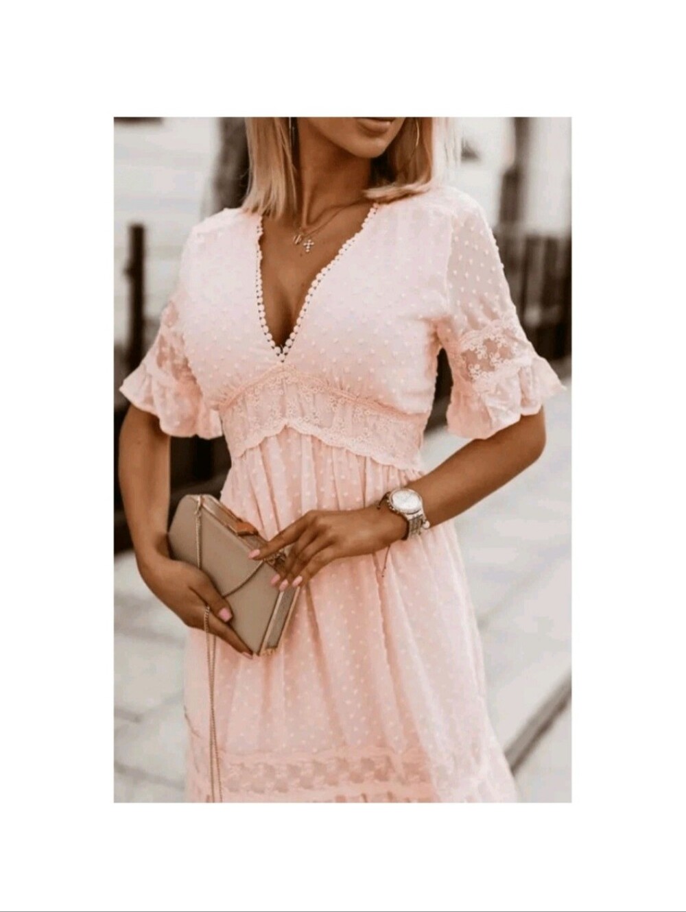 Swiss Dot Lace Maxi Dress With V Neck And Ruffles - Picture 6 of 6